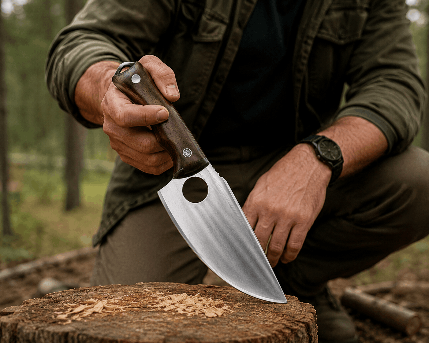 Couteau de chasse avec manche en bois et étui en cuir