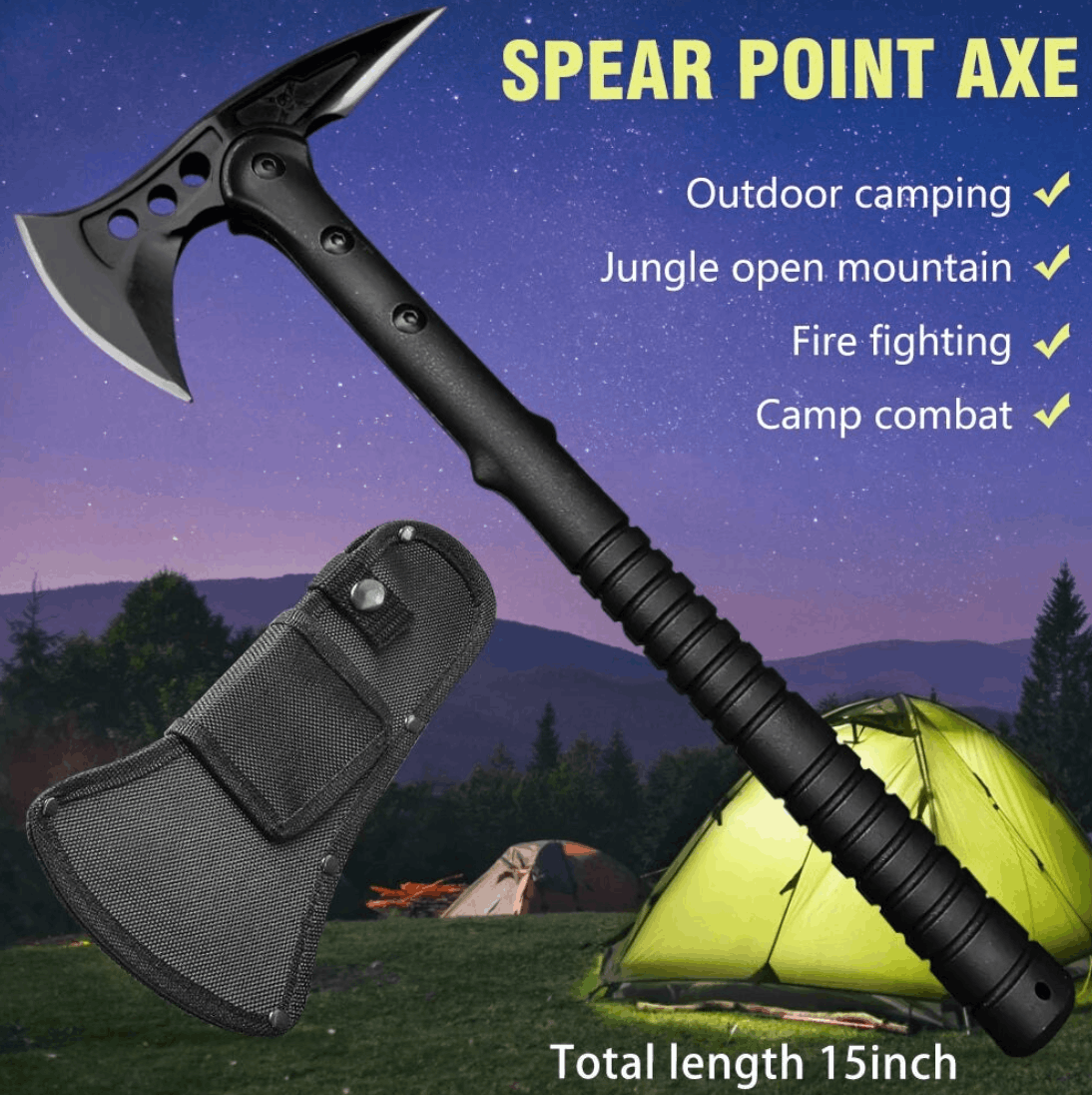 Hache de camping tactique Spear Point Axe 15 pouces avec étui