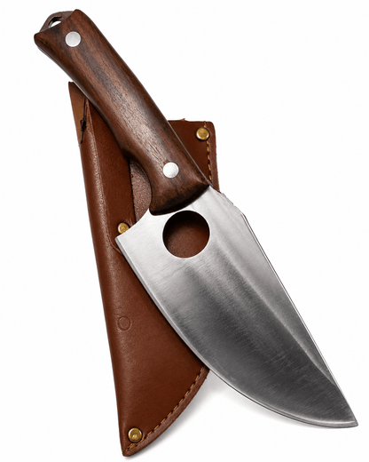 Couteau de chasse avec manche en bois et étui en cuir