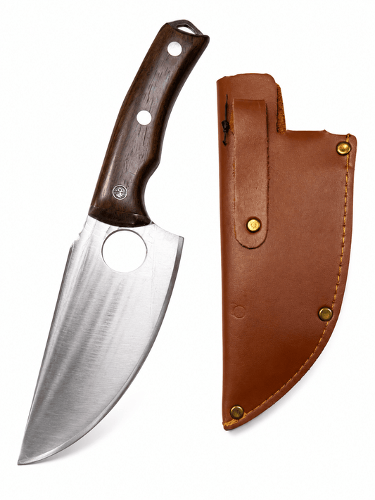 Couteau de chasse avec manche en bois et étui en cuir