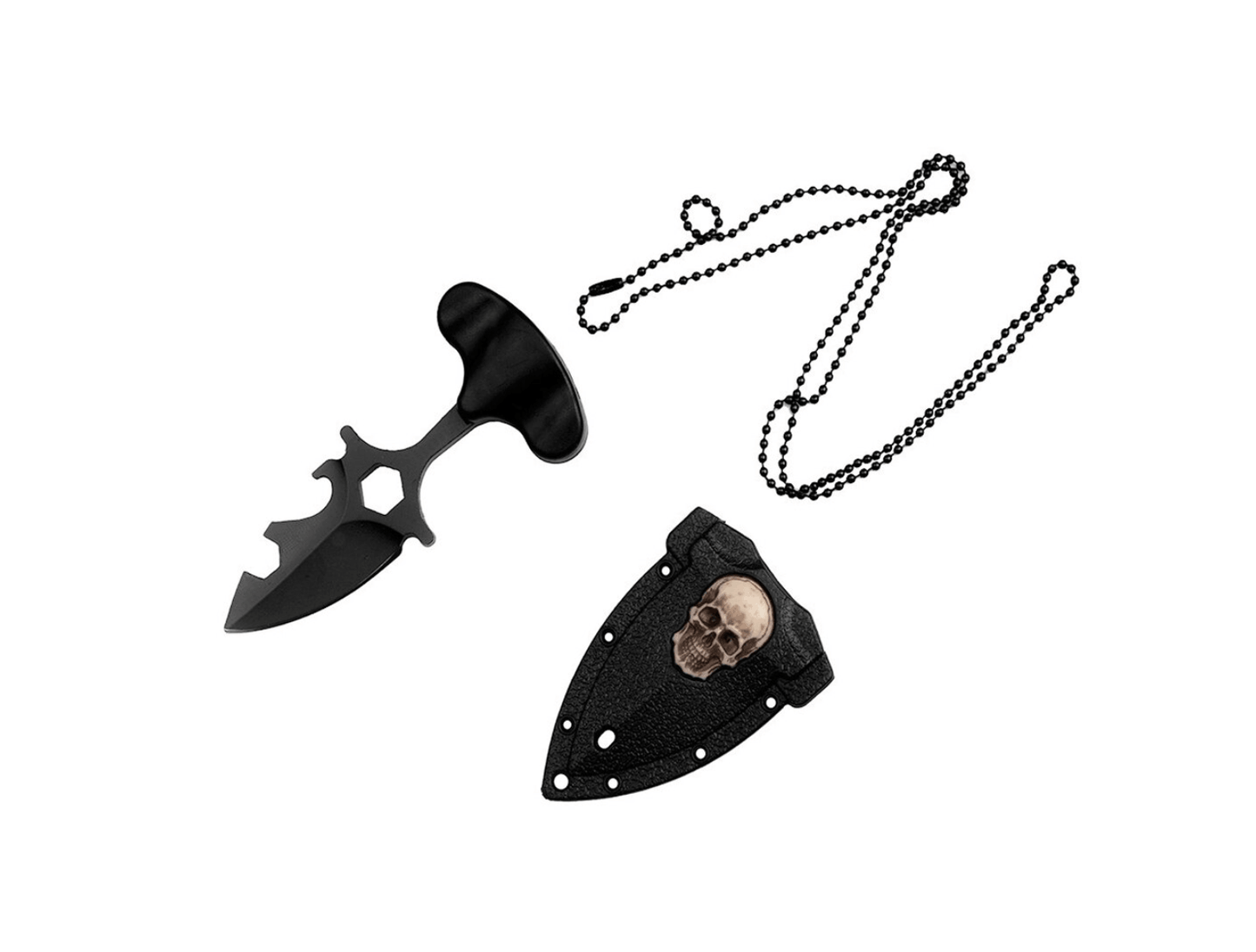Couteau de cou avec étui et chaîne tête de mort