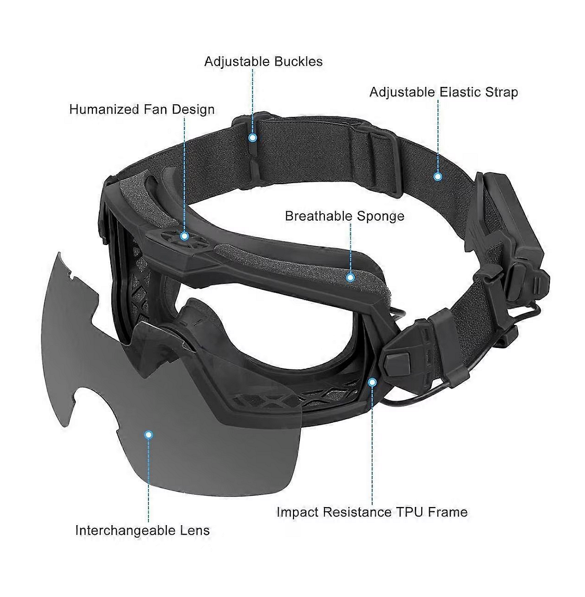 Masque de protection tactique, lunettes avec ventilateur intégré, anti-buée